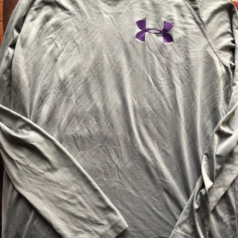 Under Armour Gray Long Sleeve Performance Shirt with Purple Logo